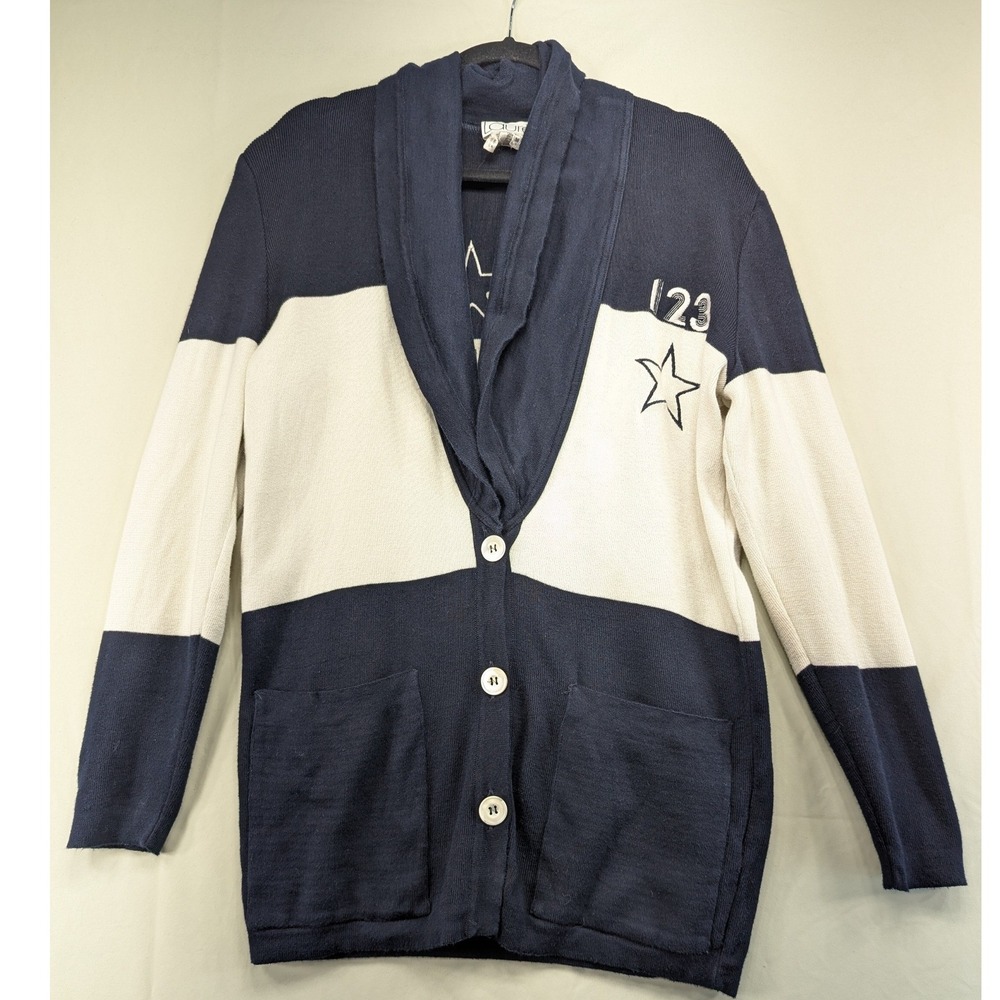 Laurel Escada Vintage Navy White Colorblock Star Graphic Cotton Cardigan Sz 36 S